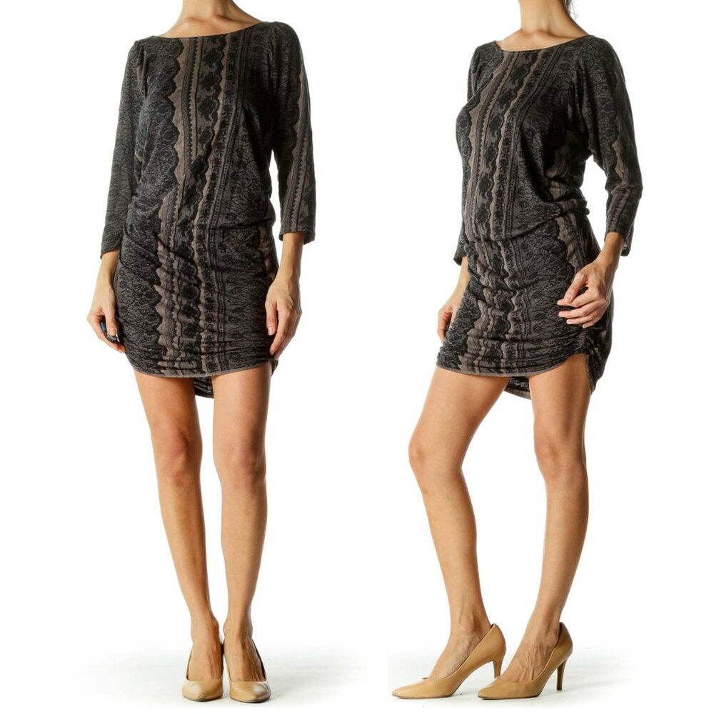Juicy Couture Silk Blend Lace Print 3/4 Sleeve Day Dress with Side Ruching